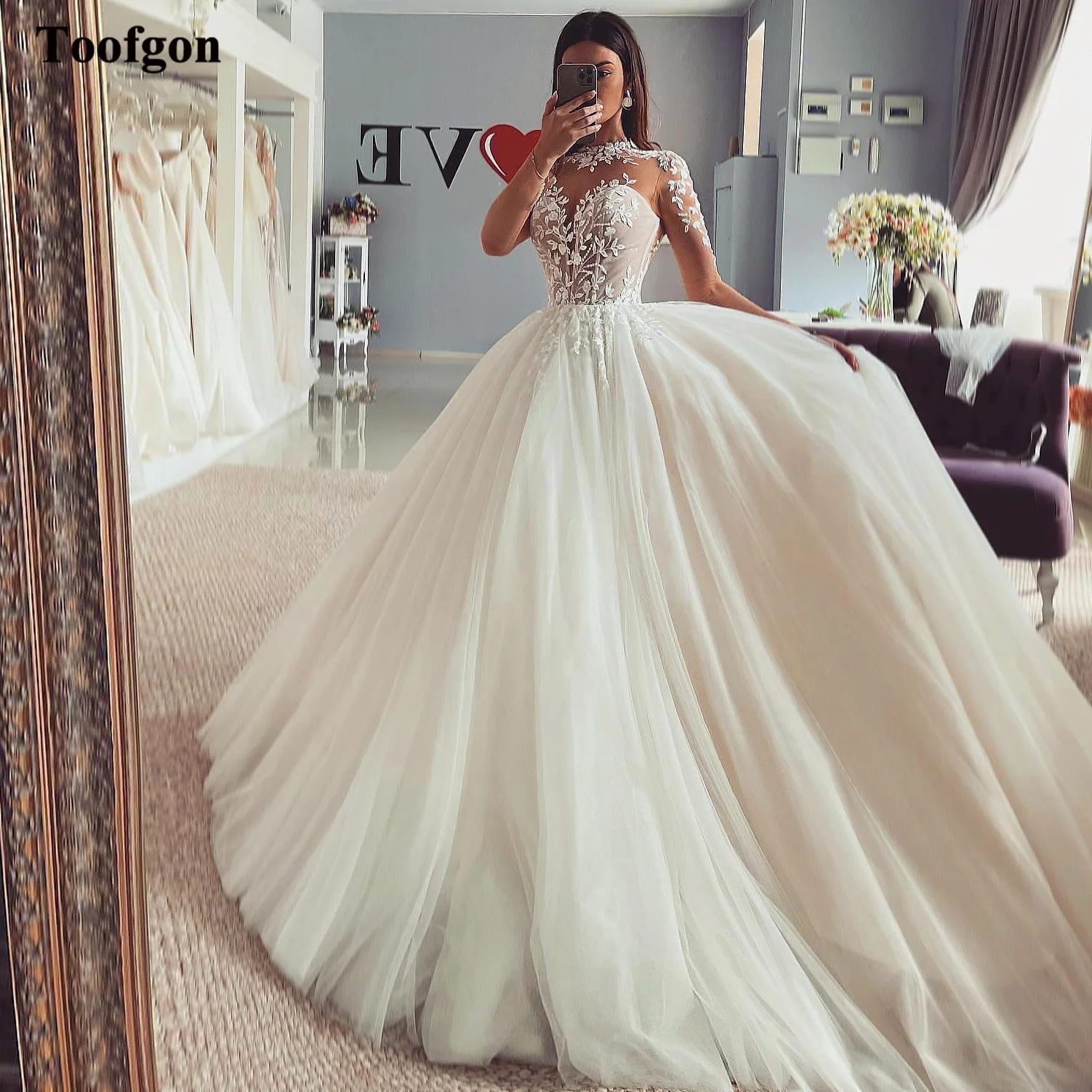 

Toofgon Fairy Tulle A Line Wedding Dresses Nude Long Sleeves Appliques Lace Garden Country Princess Bride Gowns Vestido de novia