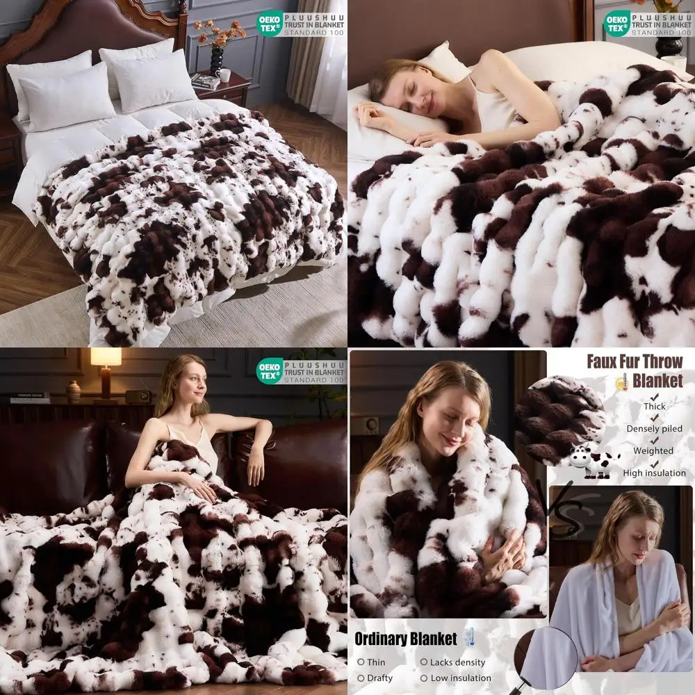 

Уютное одеяло с лохматым кроликом, искусственный мех 60x80, плюш и теплый, коричневый с коровьим принтом, идеально подходит для дивана и спальни
