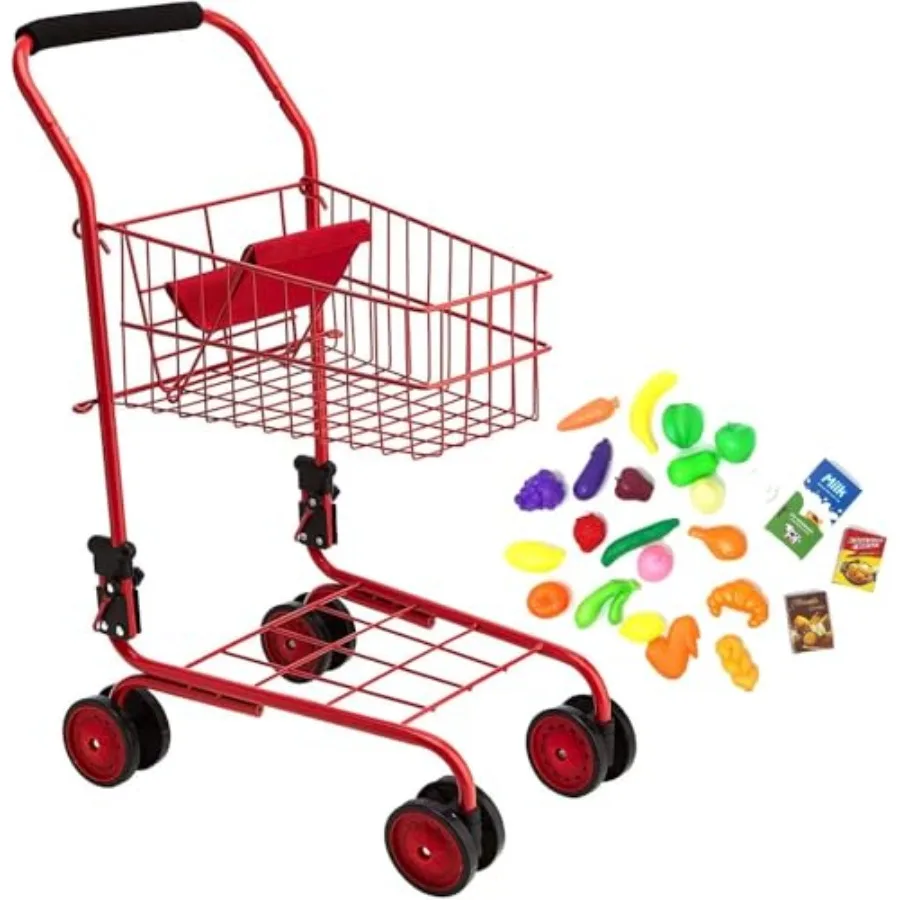 The New York Doll Collection Toy Shopping Cart for and Toddler - Includes Food - Folds for Easy Storage - with Sturdy Metal Fra