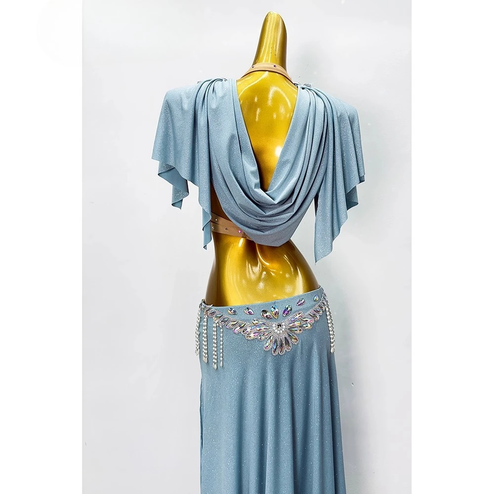 Abito da pratica personalizzato per danza del ventre Abito da pratica Haze Blue Costumi di danza orientale Set di abiti da spettacolo Gonna reggiseno femminile