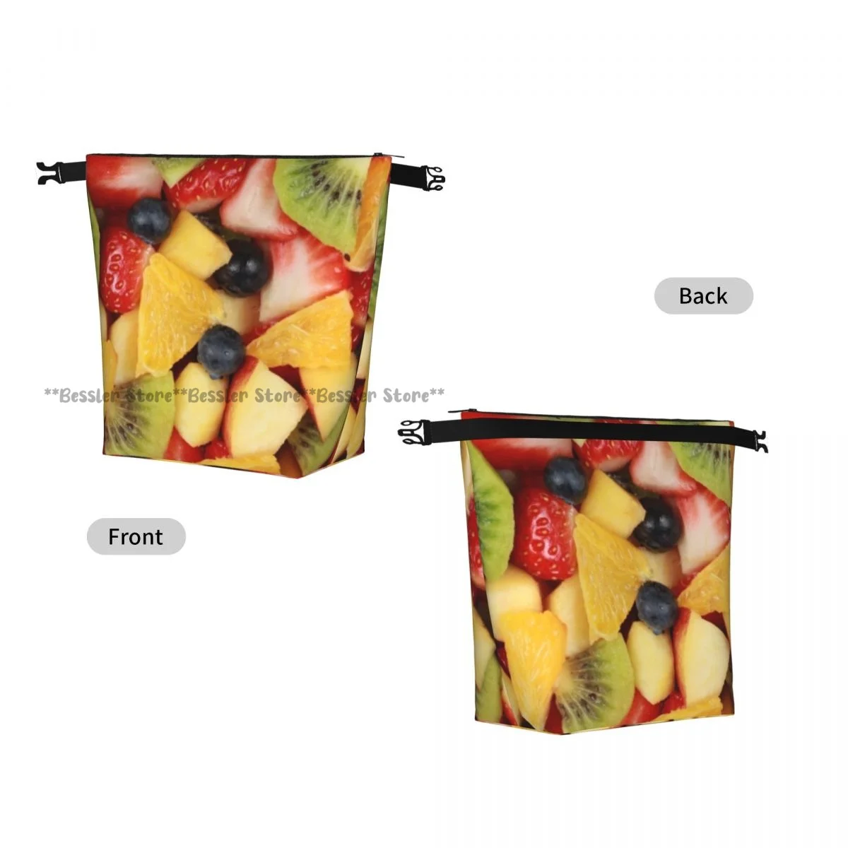 Roll Top Thermal Lunch Bag Fruit Salad With Strawberries Oranges Blueberries Insulated Bento Bag Reusable Food Storage Handbag