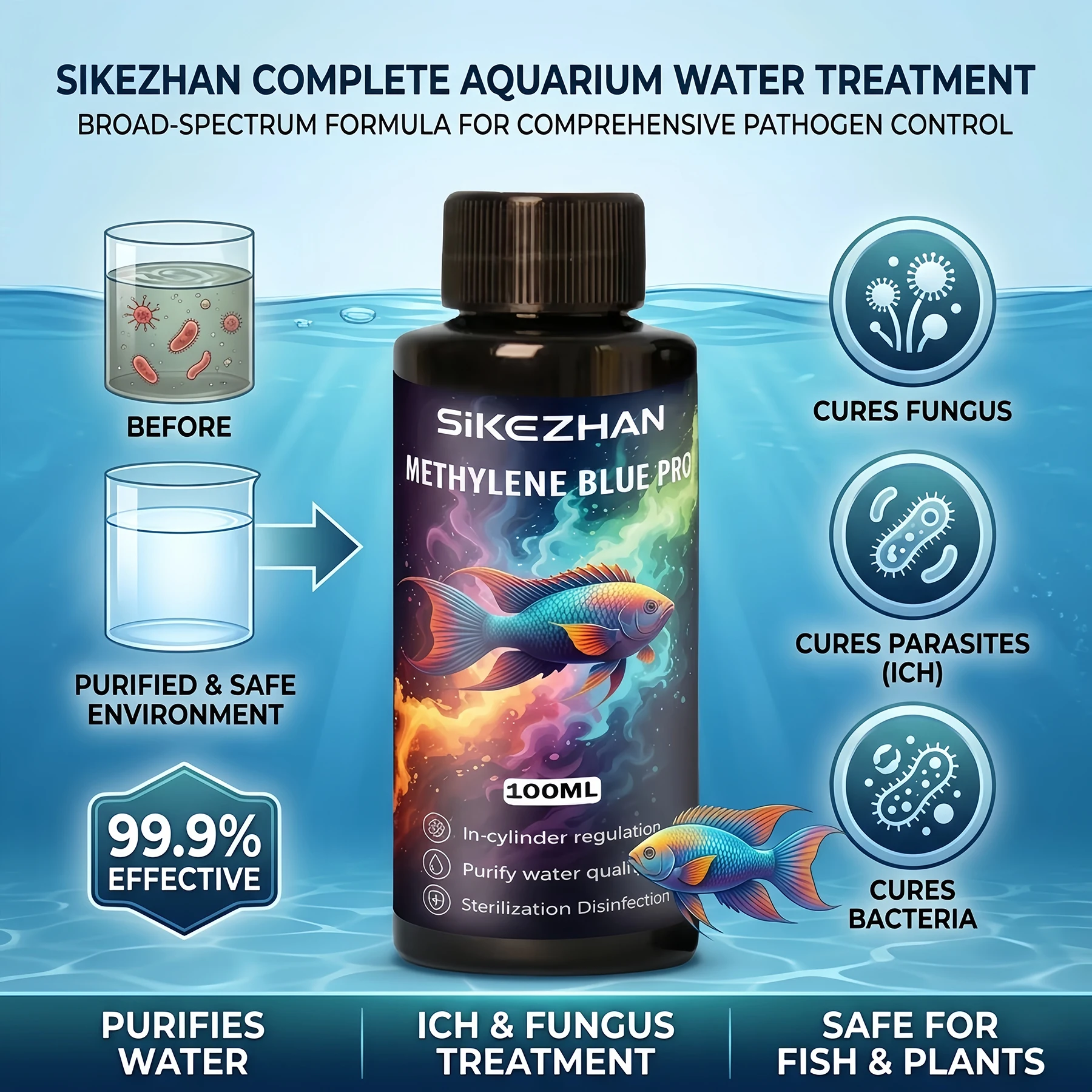 Solución de Azul de Metileno, Fórmula Segura para Peces de Acuario |   Tratamiento de Agua de Amplio Espectro para Hongos, Ich y Parásitos.