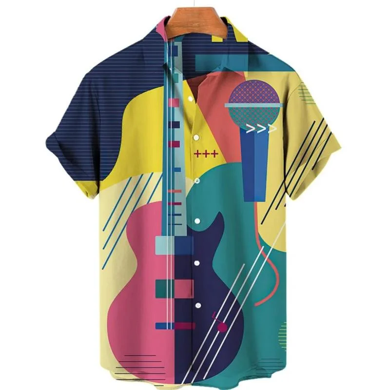 Nota musical masculina padrão camisa havaiana, instrumento de guitarra, blusa impressa 3D, tops casuais de lapela, camisas soltas Aloha, mangas curtas