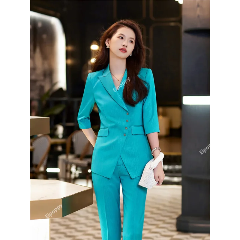 

Elegant Women Pants Sets 2024 New Summer Outfit Blue Khaki Half Sleeve Blazer + Trousers Chic Office Ladies Formal 2 Pieces Set