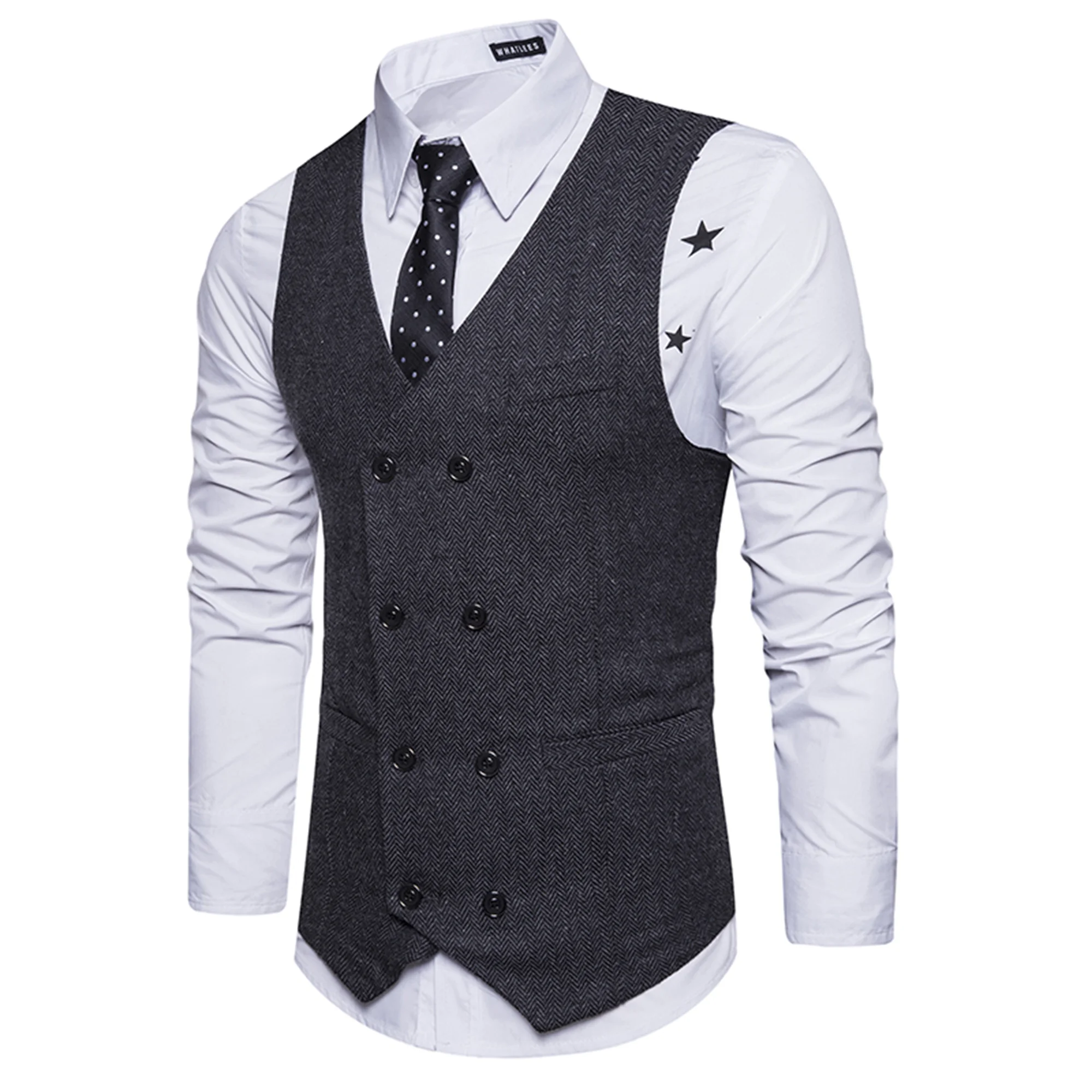 

Herringbone V-Neck Men Vests Tweed Suit Business Clothing for Men Striped Waistcoat Wedding Black Grey Jacket