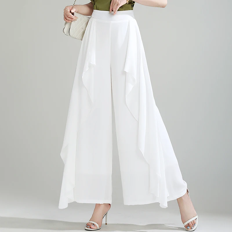 

Summer Thin Chiffon Lace Trim Wide Leg Pants High Waist Draped Ice Silk Skirt Pants Loose Dance Pants White Asymmetrical Comm...
