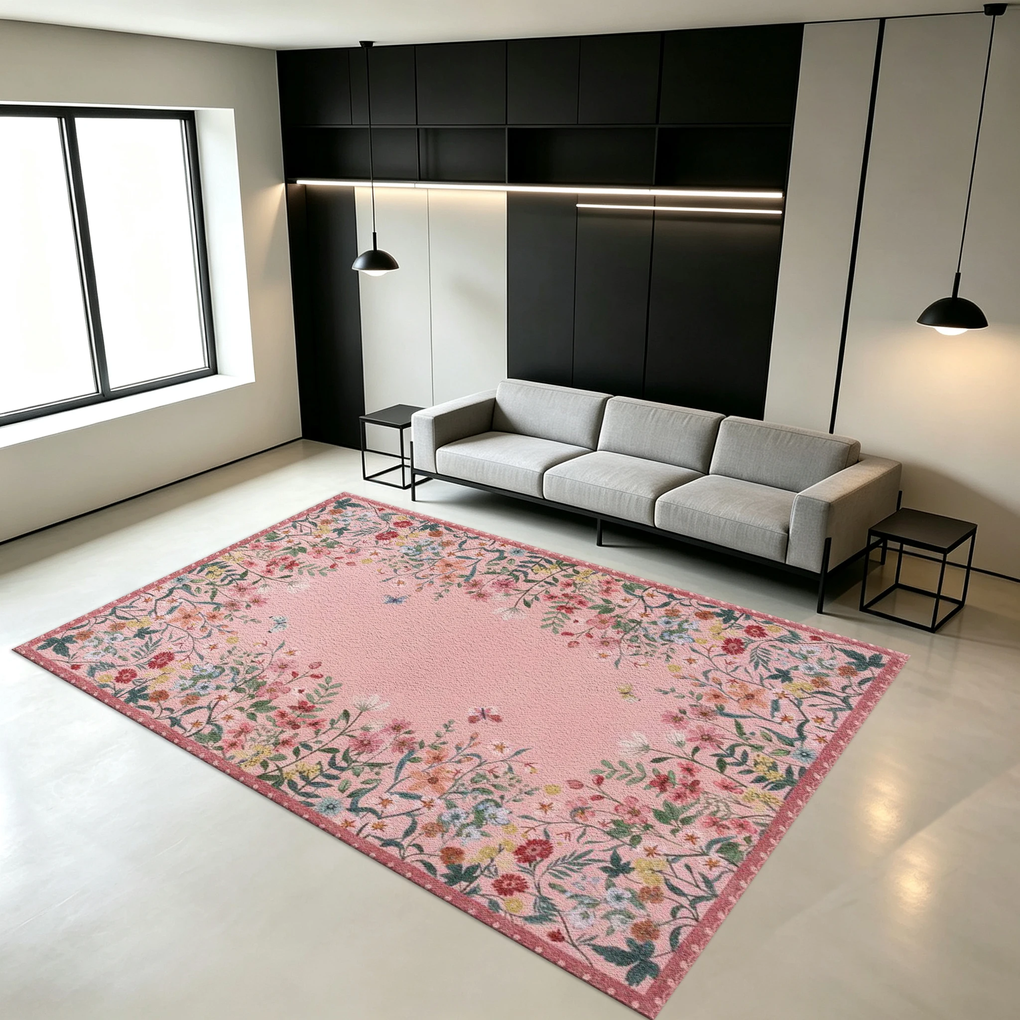 Romantic Pink Floral Butterfly Border Carpet Floor Mat Sweet Garden Square Carpet Non-Slip Decorative Floor Mat Suitable for Girls' Bedroom Home