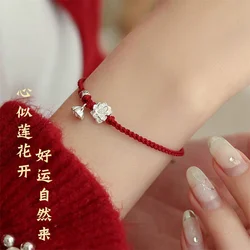 Hand Braided Silver Color Lotus Pendant DIY Charms Bracelets Bangles For Women Size Adjust Red Rope Lucky Bracelet Drop shipping