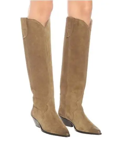 카키 블랙 퍼플 카멜 블랙 천연 가죽 포인트 토 V 모양 앞 청키 힐, 튜브 슬립 온 무릎 높이 부츠 신발