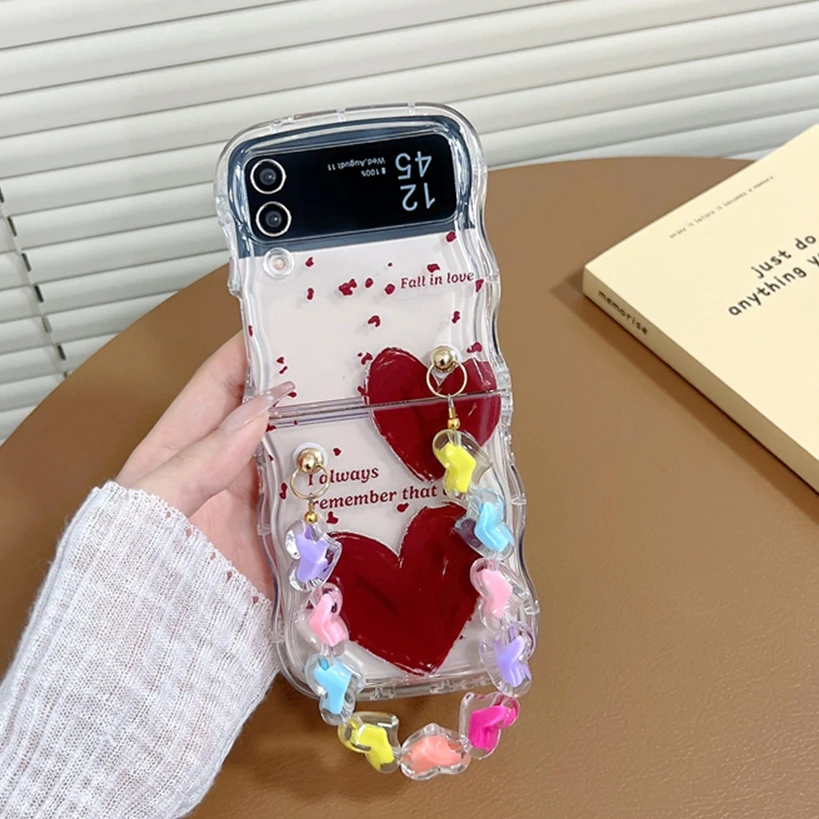 أزياء الحب القلب واضح موجة حالة الهاتف لسامسونج غالاكسي Z فليب 5 Z فليب 4 3 الكرتون سوار لينة سيليكون غطاء رقيقة جدا