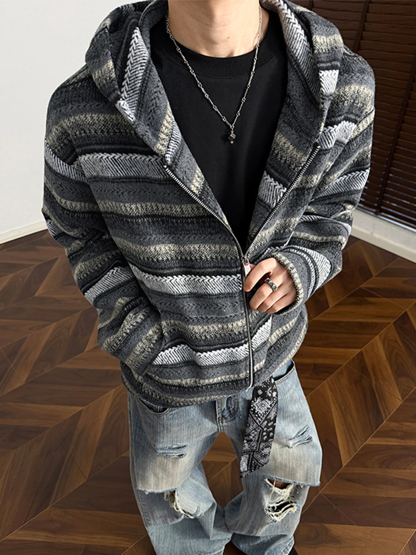 

Мужская толстовка в стиле ретро, свободного кроя, оверсайз, с цветными вставками, на молнии, для осени и зимы, уличный стиль, теплая и удобная