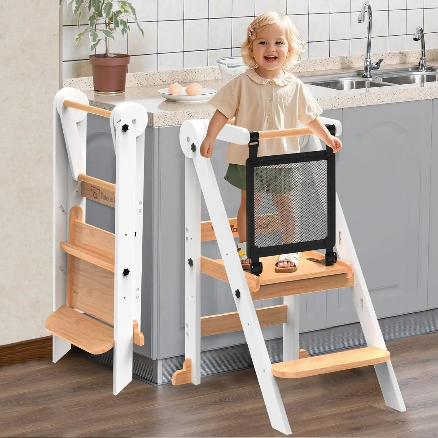 

Foldable Toddler Tower with Safety Net, Adjustable Height Wooden Step Stool for Kitchen Learning & Cooking