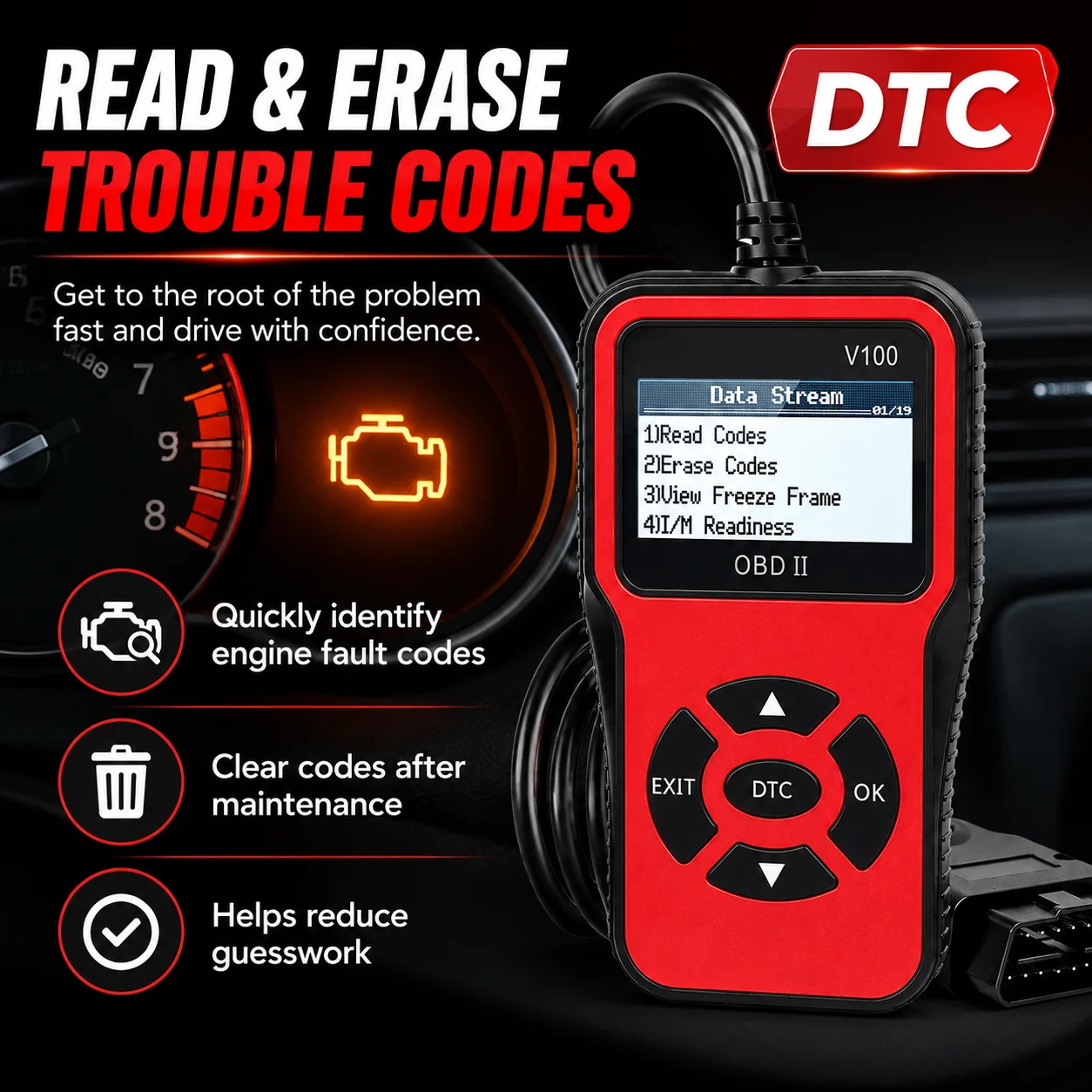 V100 Automotive Code Reader OBDII Scanner Engine Diagnostic Tool with Battery Voltage Test Function