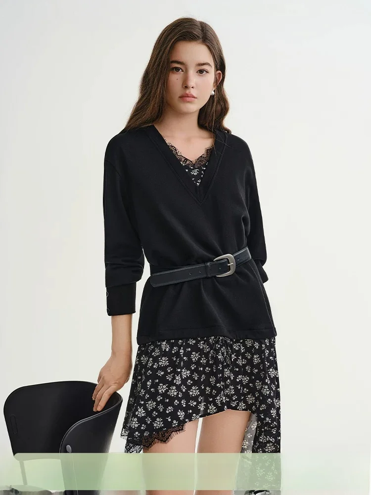 

Rebellious Sweetheart Large Size Women's Fake Two-Piece Sweatirt Floral Print Patchwork Top Casual Loose Fit Cotton Long Sl...