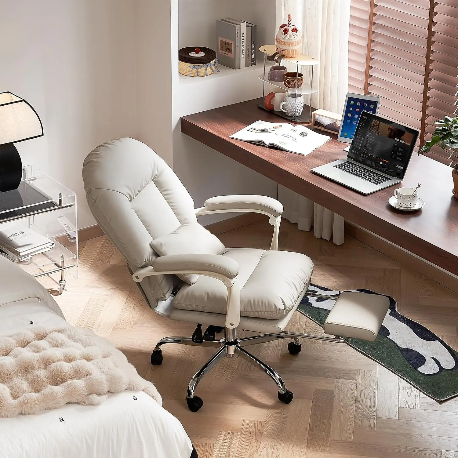 Reclining Office Chair with Footrest, PU Leather Ergonomic Desk Seat, Adjustable Lumbar Support, Home & Work Use, Customized