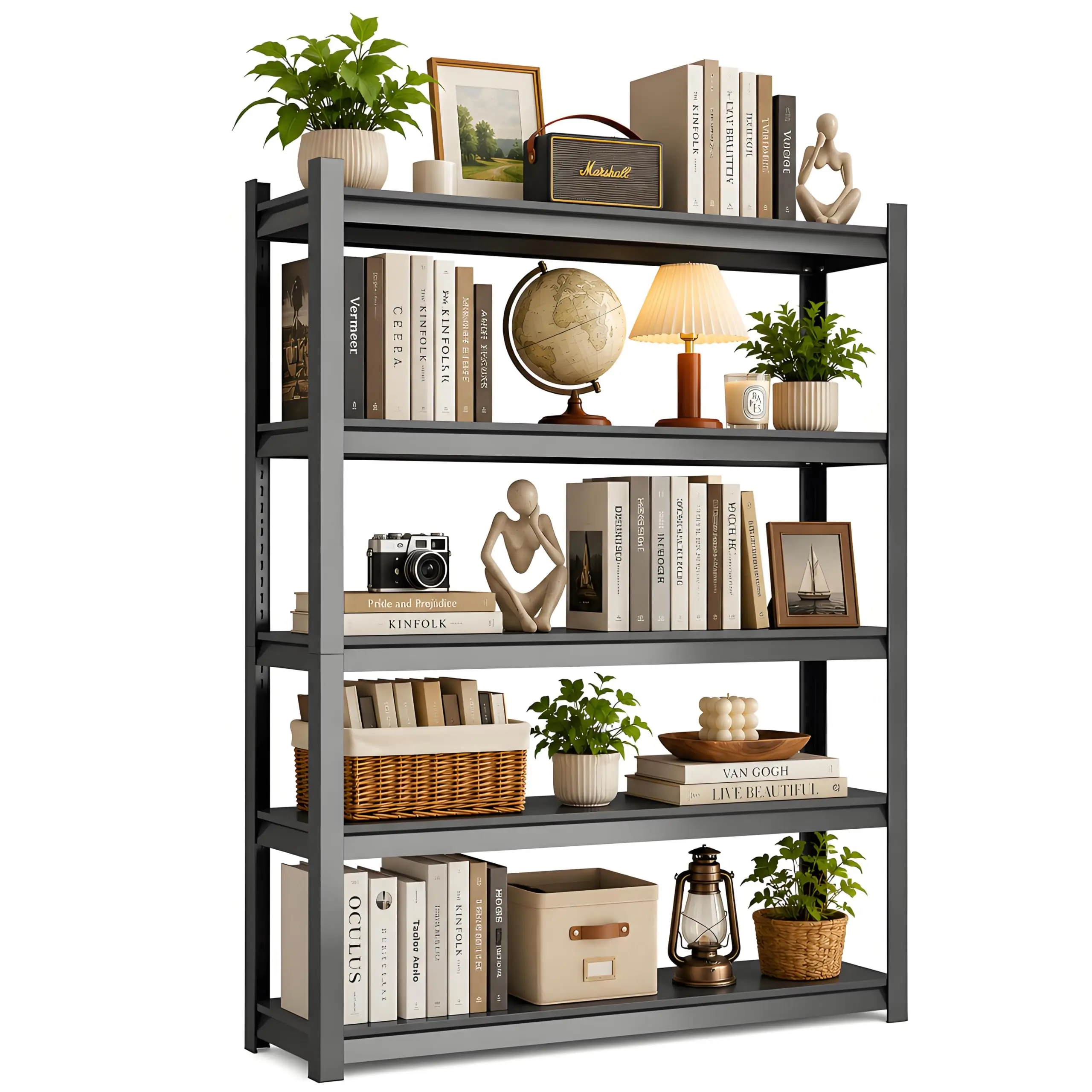 5-Tier Bookcase with Adjustable Storage Shelves, Metal Bookshelf with Book Stopper, Book Cases for Library, Office
