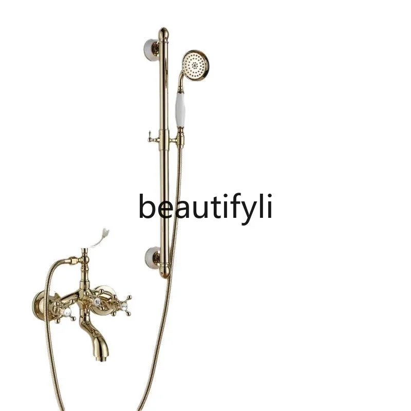 Brass retro shower shower lift rod simple bathtub shower set hot and cold bathroom home gold