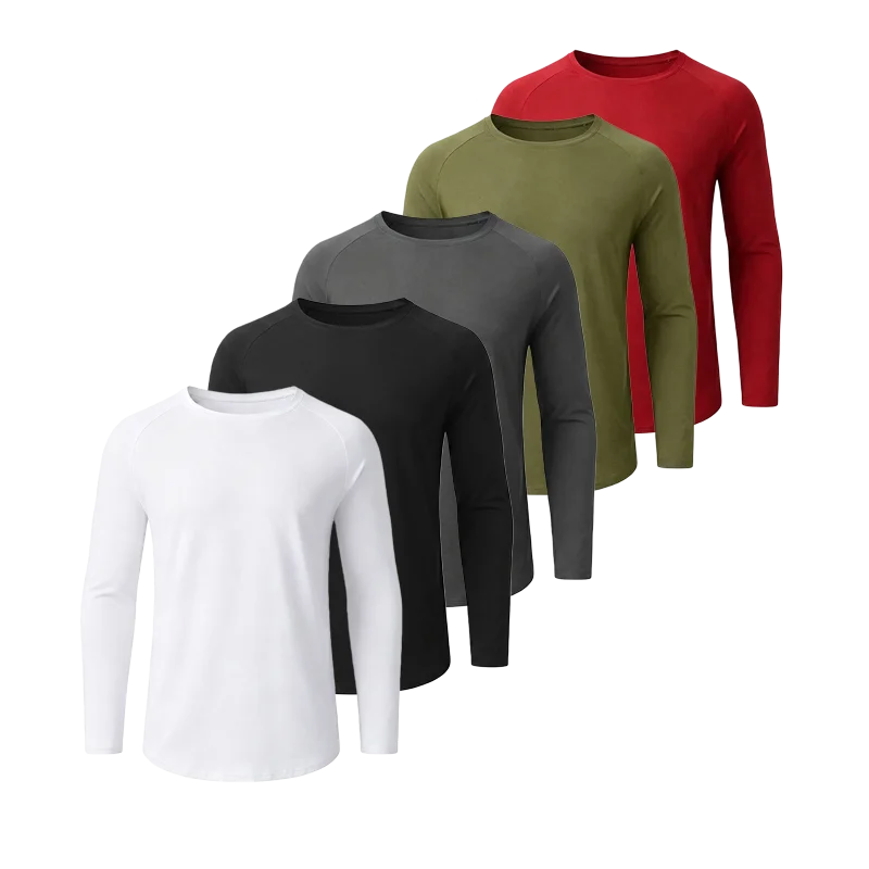 5 Pack Men Cotton Spandex Long Sleeve T‑Shirt Breathable High Elastic Top Athletic Tee For Gym Fitness Workout Casual Daily Wear