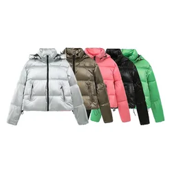 TRAF 2024 Autumn New Product Women's Casual Versatile Breadms Metal Cotton Jackets Solid Color Short Thick Jackets