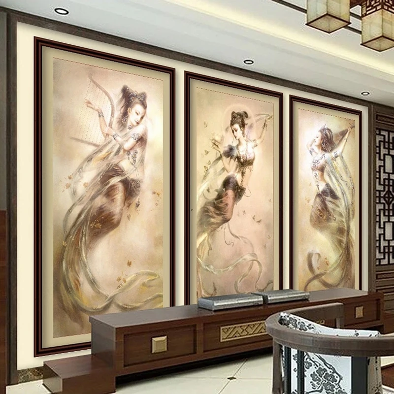 Custom 3D Wallpaper Chinese Classical Dunhuang Flying Fairy Beauty Fresco Living Room Backdrop Wall Decor Creative Mural Paper