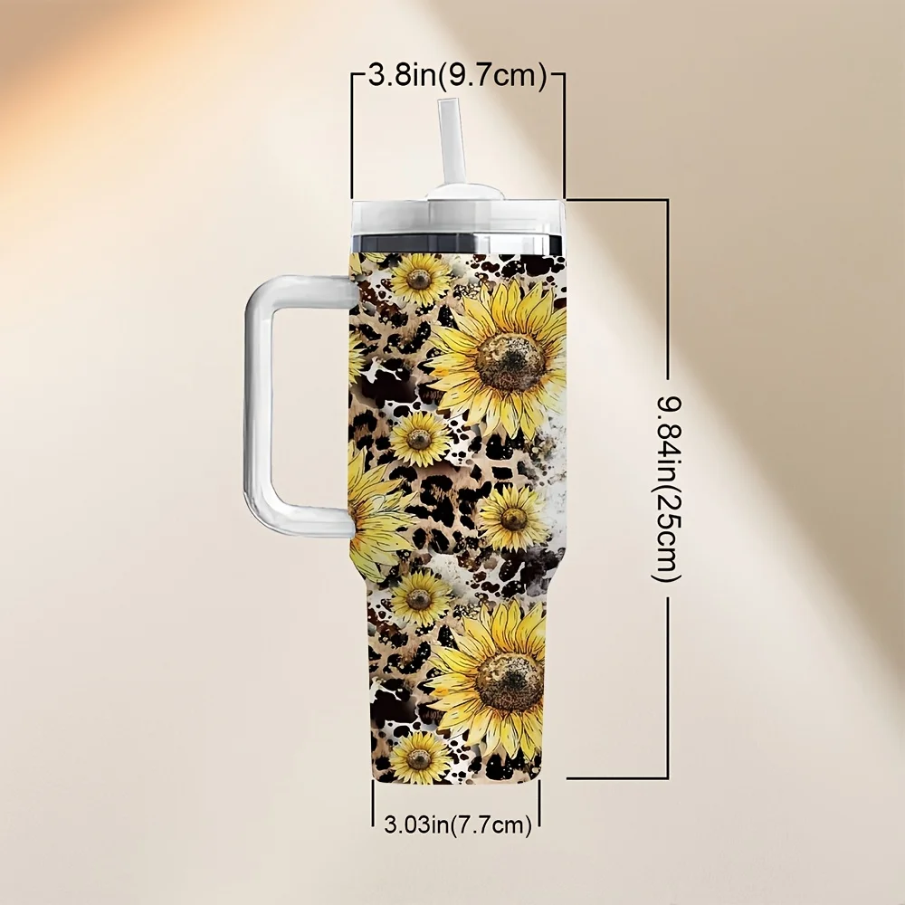 Leopard Print Sunflower Pattern Insulated Travel Tumbler with Handle And Reusable Straw for Daily Use And Outdoor Travel