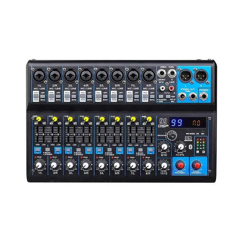 Mixeur multifonction 99DPS avec effet de réverbération, Bluetooth, USB, EQ, 48V, mixeur professionnel, 12 canaux