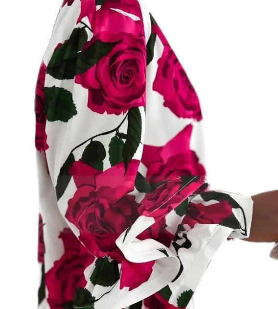 Camicia da donna con colletto rovesciato con stampa floreale, orlo con volant, manica lunga, camicetta casual, camicette stampate a fiori