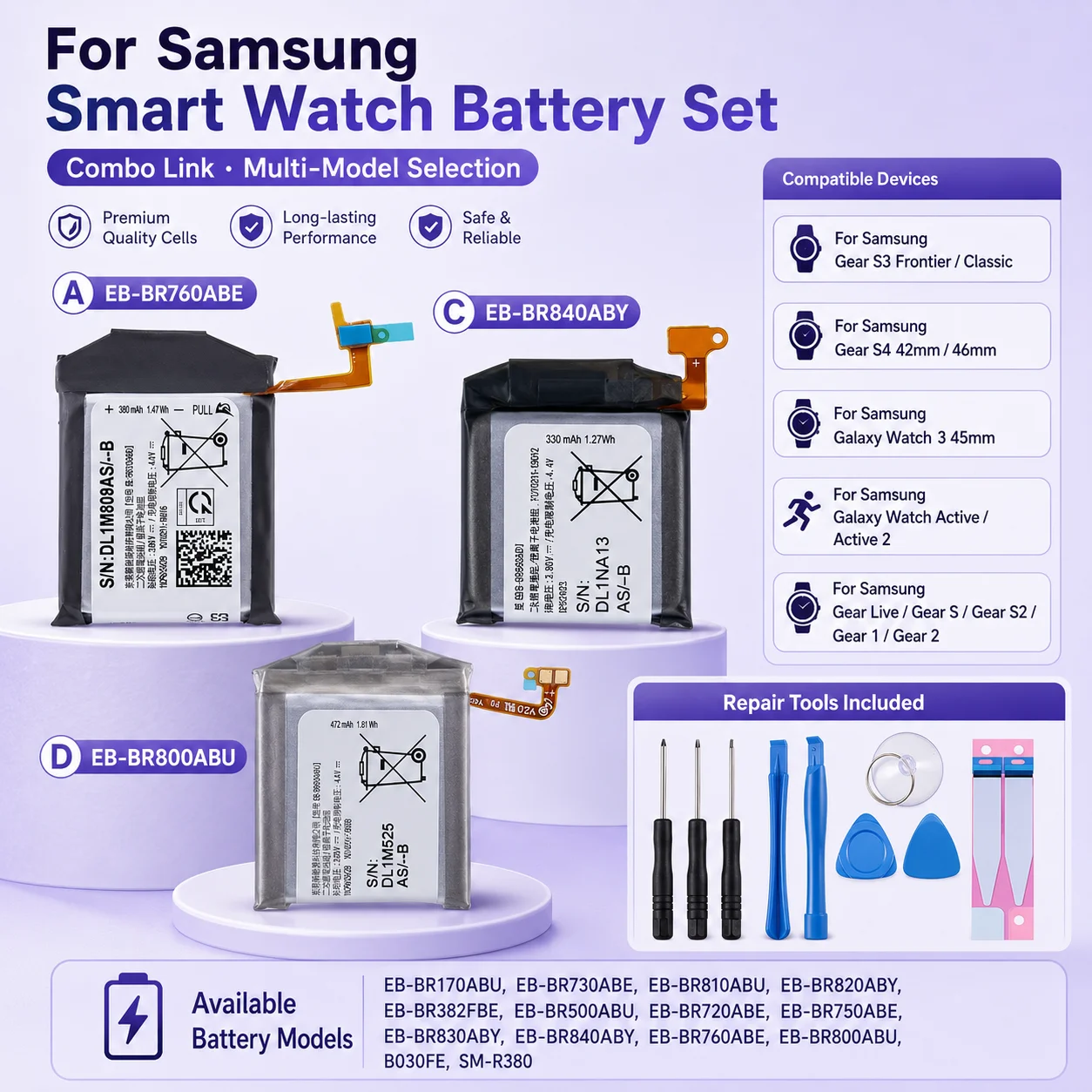 

High Durability BR170 Battery For Samsung Galaxy Gear S2 S4 Active2 3 Frontier R800 R810 R500