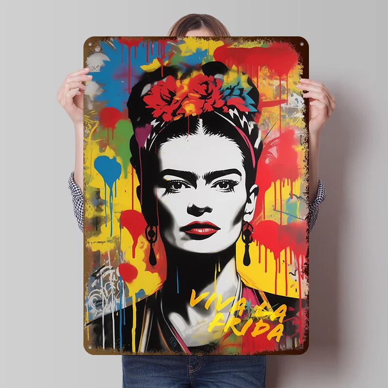 Viva La Frida |   Póster Colorido de Frida Kahlo, Letreros Metálicos Vintage Personalizados, Arte de Pared, Placa de Metal Retro para Decoración del Hogar