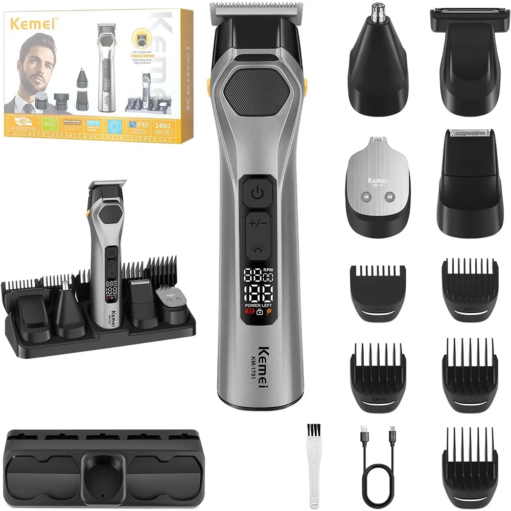 

Kemei 5 в 1, набор для ухода за волосами, мужской триммер для бороды и триммер для носа и ушей, профессиональная машинка для стрижки волос, электробритва, беспроводная бритва