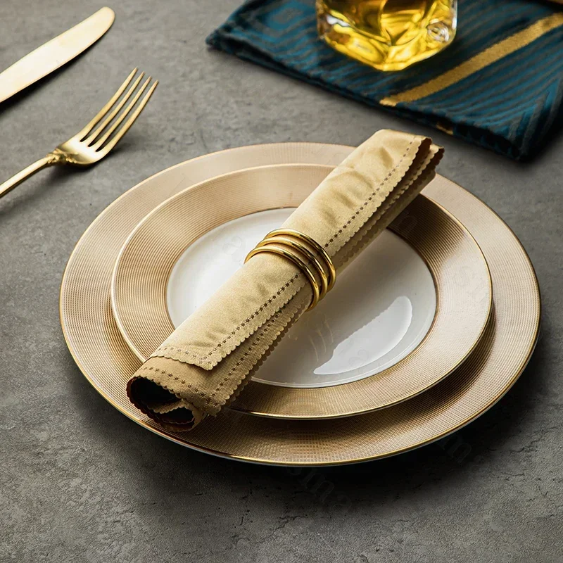 Light Luxury Gold Stroke Ceramic Plates European Style Bone China Steak Dinner Plate Salad Dishes Western Cutlery Tableware Set