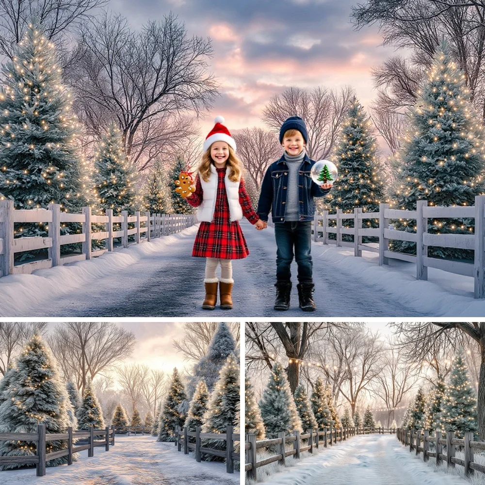 

Snow Road With Lighted Christmas Trees Photography Backdrop Kids Adult Winter Portrait Background Child Baby Photocall Studio