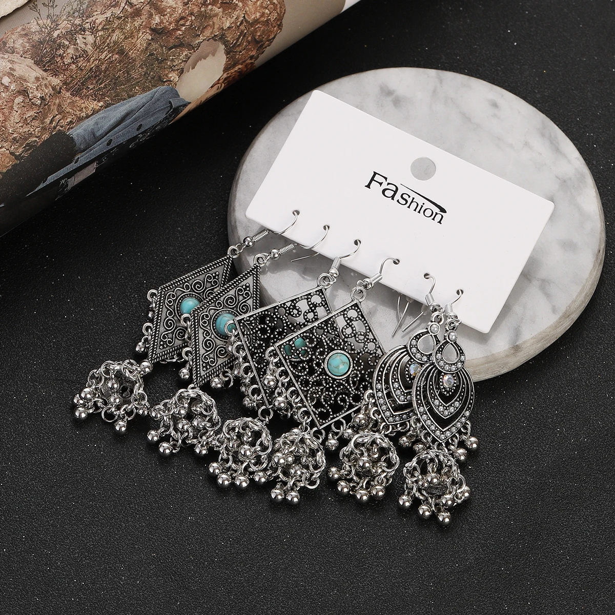 Juego de pendientes bohemios de Color plateado para mujer y niña, aretes colgantes geométricos de piedra azul Vintage, joyería Brincos de moda 2023