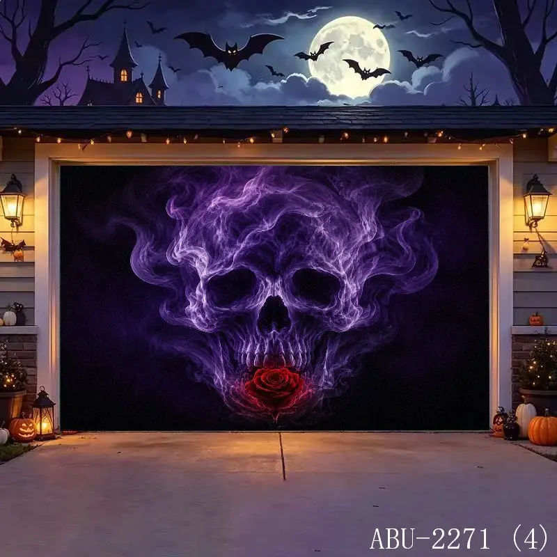 VIKAMA Tapiz Decorativo para Puerta de Garaje con Diseño de Calavera Ahumada Morada, Rosa Roja y Negro, Estilo Gótico Espeluznante para Halloween, Decoración Estética para el Hogar y Exteriores