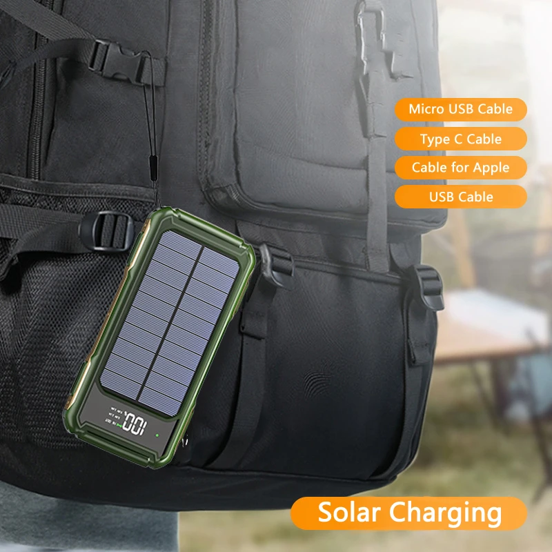 Solar Power Bank 20000mAh LED Display Built in Cable Portable Charger Powerbank for iPhone 16 15 Samsung Huawei Xiaomi Poverbank