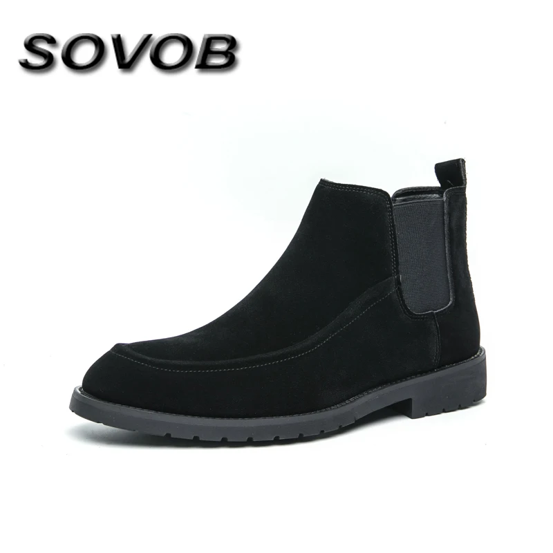 

British Style Black Men Chelsea Boots Large Size 38-46 Comfortable Slip-On Suede Men's Boots Anti-Slip Flat Ankle Boots For Man