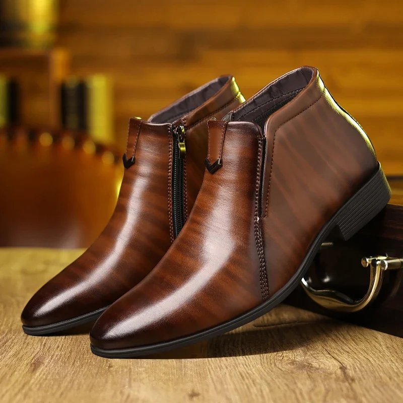 Men's Boots Luxury Leather Boots Fashion Motorcycle Boot Classic Side Zip Ankle Boots Men's Business Dress Booties Botas Hombre