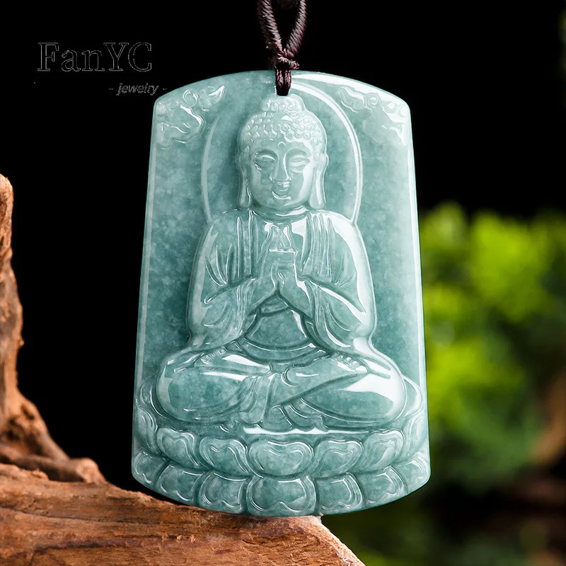 Myanmar Jadeite Blue Water Rulai Guardian Deity Pendant Hand-carved Exquisite Fashion Ice Jade Necklace Men & Women Holiday Gift