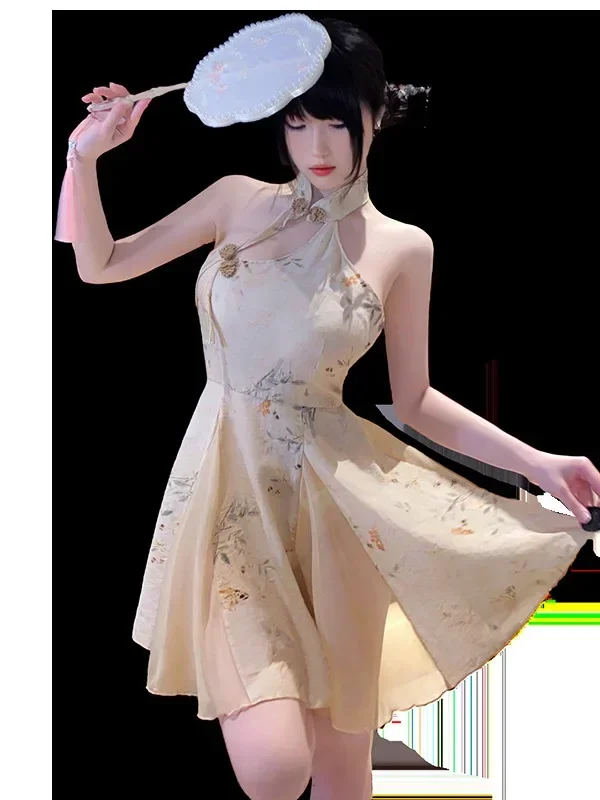 Exotic Summer Fashion Womens Clothing new Classical Sweet Chinese Style Hanging Neck Wide Truffle Back A-line Elegant Dress