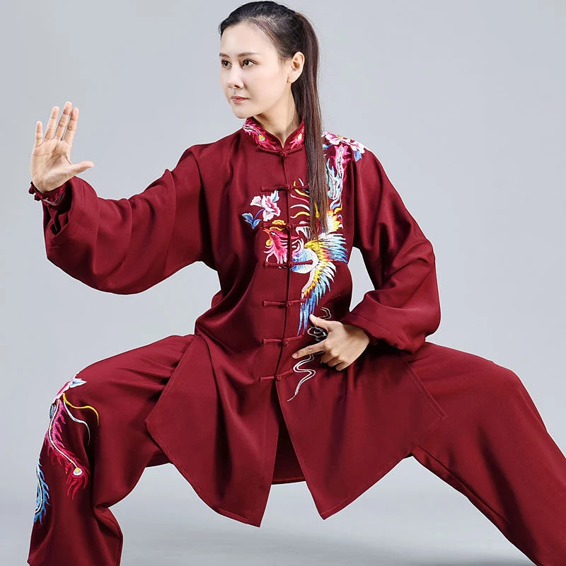 Custom Made Dragon & Phoenix Embroidered Tai Chi Suit, Heavyweight Flowy Tencel Linen Autumn/Winter Practice Wear