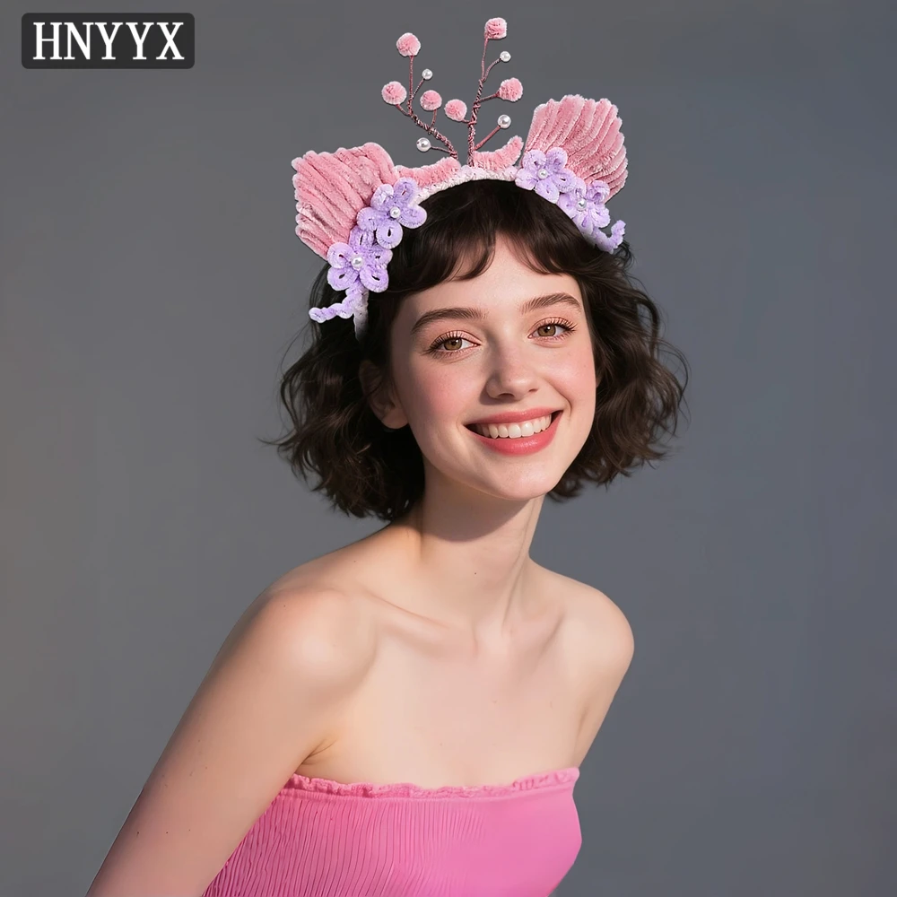 

HNYYX Halloween Headband Pink Chenille Stem Handmade Hairbands Sweet Cute Cartoon Headdresses for Adults Kids Holiday Gifts A391