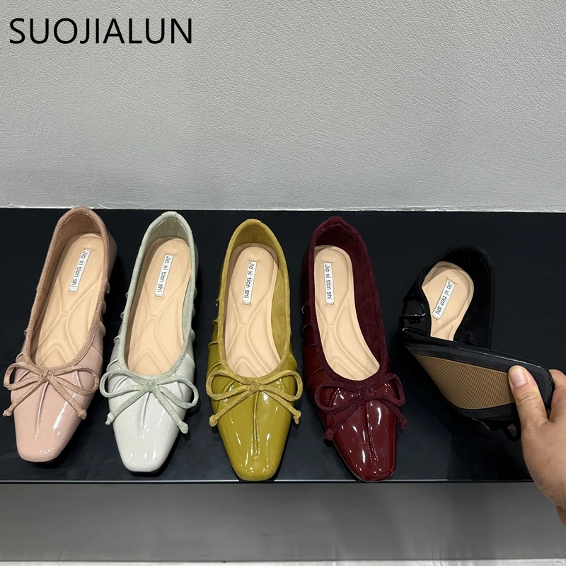 SUOJIALUN-zapatos planos plisados para mujer, bailarinas con punta redonda, sin cordones, con lazo, informales, para otoño, 2024