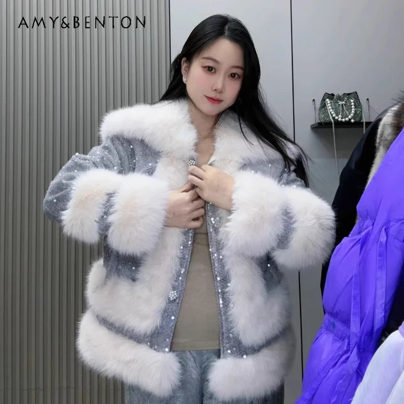 سترة أنيقة سميكة مبطنة بالصوف المرقعة لينة مريحة أبلى الصناعة الثقيلة الترتر فو الفراء معطف فروي طوق أعلى الشتاء #2