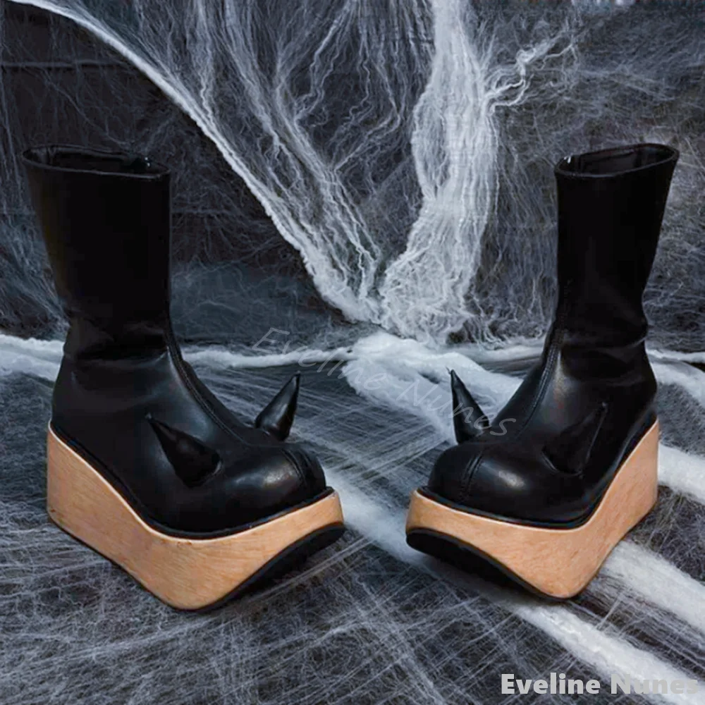 

Wooden Wedges Mid Calf Boots Women Cow Horn Round Toe Leather Side Zipper High Top Novelty Catwalk Boots New Punk Modern Boots
