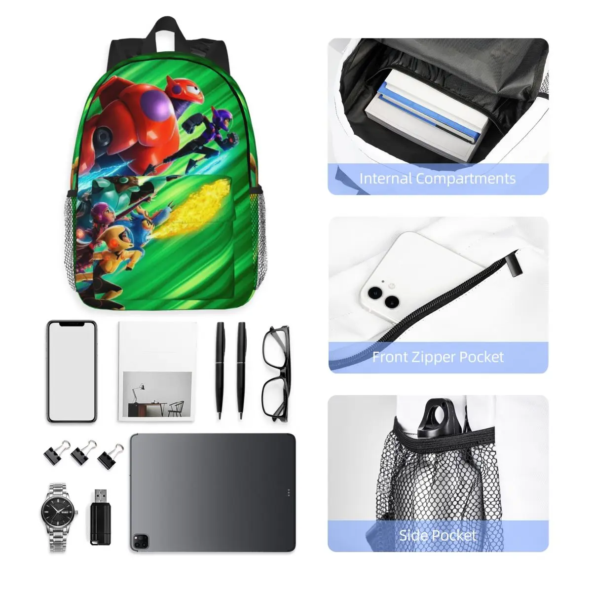 Big Hero 6 15-Inch Waterproof Backpack - Lightweight Travel Bag with Multiple Pockets for Organization