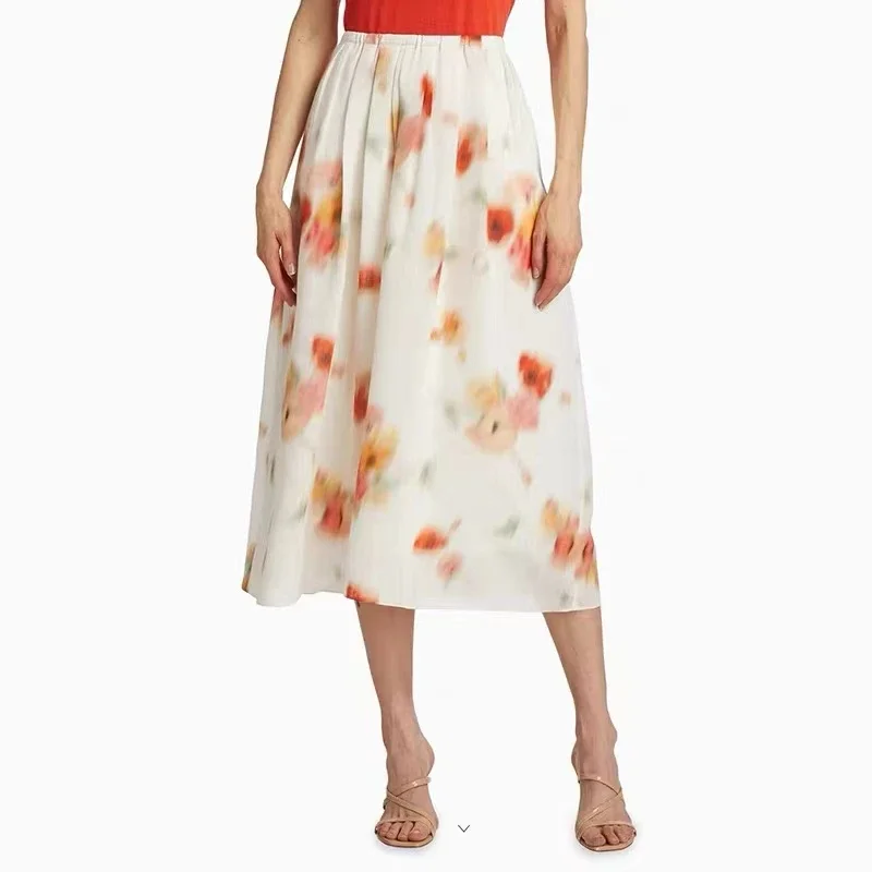 Jupe for Women 2024 New Spring Summer Romantic Print Elastic Waist Vintage Midi Skirt