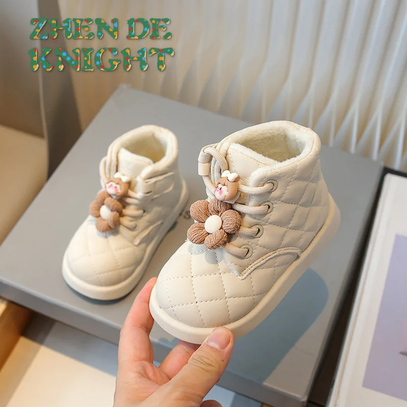 

2025 Autumn Winter Soft-Sole Non-Slip Kids Shoes Baby Girls Cute Princess Short Boots Toddler Leather Walker Footwear