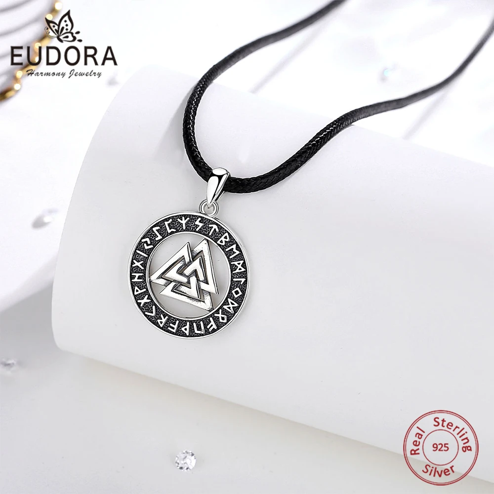 Eudora 925 Sterling Silver Viking Amulet Pendant for Man Women Nordic Runes Valknut Odin's Knot Necklace Fine Man Jewelry Gift