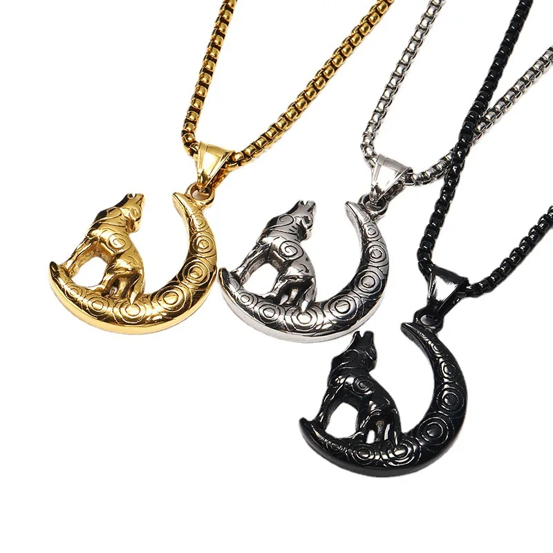 Nordic Vintage Viking Punk Street Wolf Roaring Moon Pendant Necklace Chain