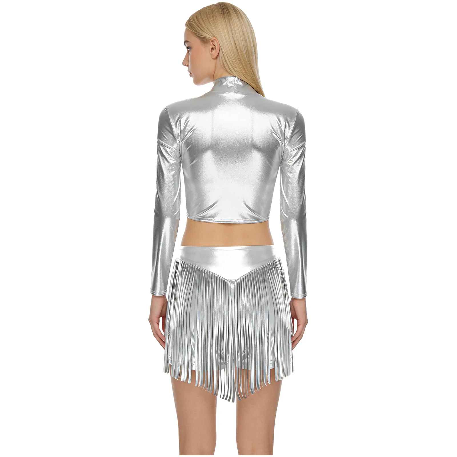 أزياء نسائية لامعة لرقص الجاز اللاتينية السالسا التانغو طقم ملابس حفلات الهذيان ملابس رقص بأكمام طويلة وتنانير قصيرة مهدب